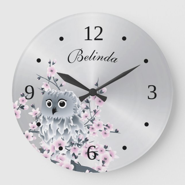 Grande Horloge Ronde Chouette mignonne et fleurs de cerisiers Monogramm (Recto)