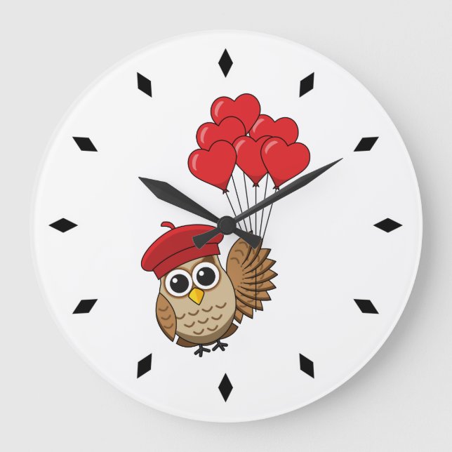 Grande Horloge Ronde Chouette mignonne volant avec des ballons de coeur (Recto)