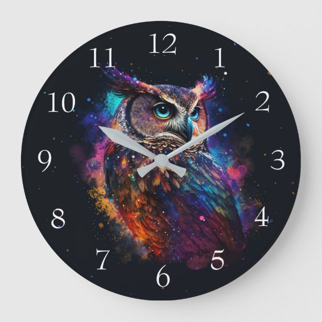 Grande Horloge Ronde Chouette spatiale colorée (Recto)