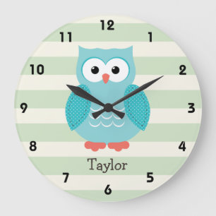 Grande Horloge Ronde Chouette turquoise sur Pastel Green Stripes