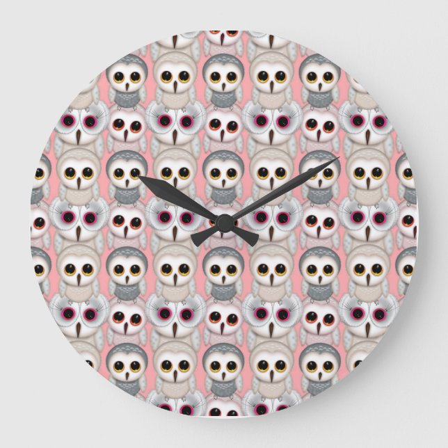 Grande Horloge Ronde Chouettes pour bébés sur Motif rose (Recto)