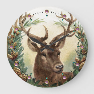 GRANDE HORLOGE RONDE CHRISTMAS DEER, PINE CONES COURONNE ET ROSE GEMSTO