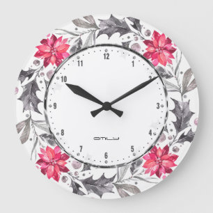 Grande Horloge Ronde Christmas Flowers et Leafs Wreath