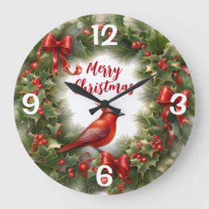 Grande Horloge Ronde Christmas Holly, Bows et Cardinal