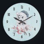 Grande Horloge Ronde Christmas Husky Dog in a Santa Hat<br><div class="desc">A clock with a whimsical and cute watercolor painting of a husky dog wearing a blue Santa hat.</div>