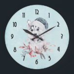 Grande Horloge Ronde Christmas Husky Dog in a Santa Hat<br><div class="desc">A clock with a whimsical and cute watercolor painting of a husky dog wearing a blue Santa hat.</div>