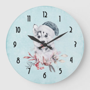 Grande Horloge Ronde Christmas Husky Dog in a Santa Hat