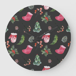 Grande Horloge Ronde Christmas Reindeer : Aquarelle Motif sans couture