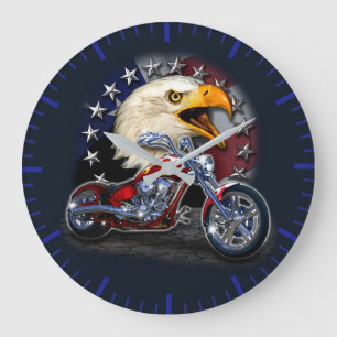 Grande Horloge Ronde Chrome Cycle Chopper Patriotic Eagle USA Flag