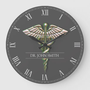Grande Horloge Ronde Chrome Holographique 3D Médicale Caduceus