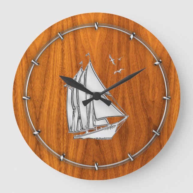 Grande Horloge Ronde Chromes Silver like Sailboat on Teak Veneer (Recto)