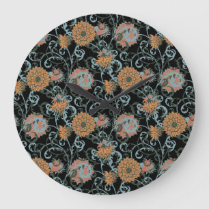 Grande Horloge Ronde Chrysanthèmes Arrière - plan noir, Vintage floral.