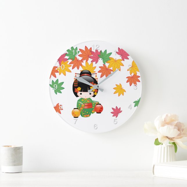 Grande Horloge Ronde Chute Poupée Kokeshi - Green Kimono Geisha Girl (Maison)