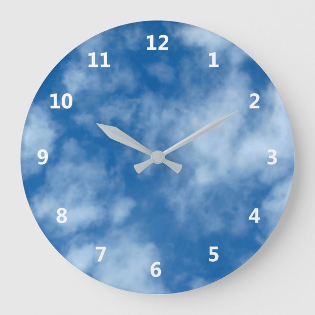 Grande Horloge Ronde Ciel bleu avec nuages Photo et chiffres blancs (Recto)