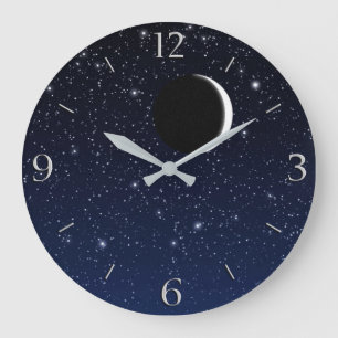 Grande Horloge Ronde Ciel étoilé et lune à croissant, bleu profond à no