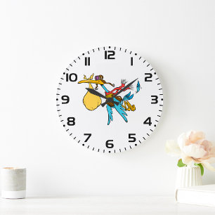 Grande Horloge Ronde Cigogne volante dessin animé avec lunettes et paqu