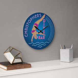Grande Horloge Ronde Cinquante Retro Neon Look Bikini Swimmer Dive Bar