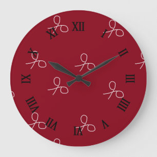 Grande Horloge Ronde Ciseaux dessinés à la main sur fond rouge bordeaux