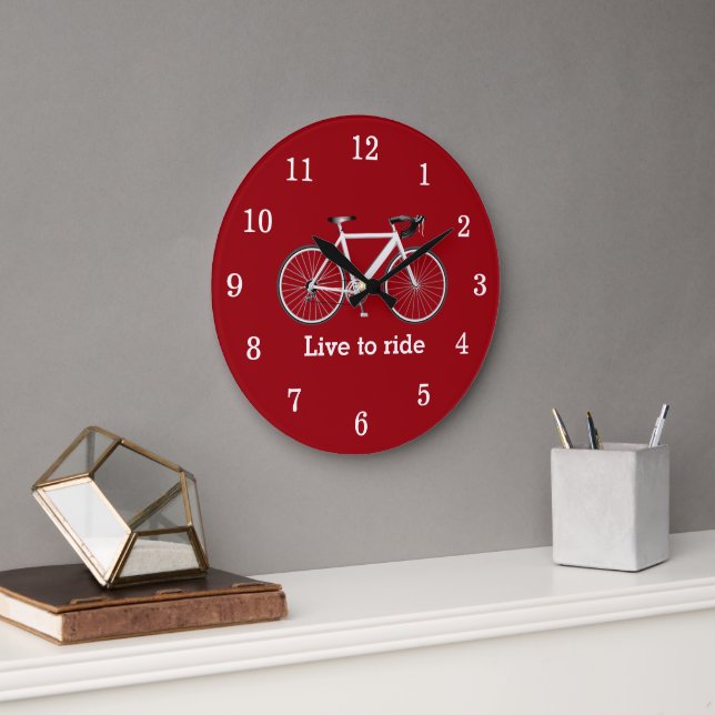 Grande Horloge Ronde Citation Avec Vélo Blanc Sur Rouge (Bureau)