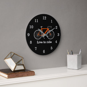 Grande Horloge Ronde Citation Avec Vélo Orange Sur Noir