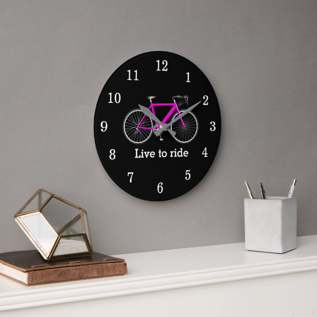 Grande Horloge Ronde Citation Avec Vélo Rose Sur Noir (Bureau)