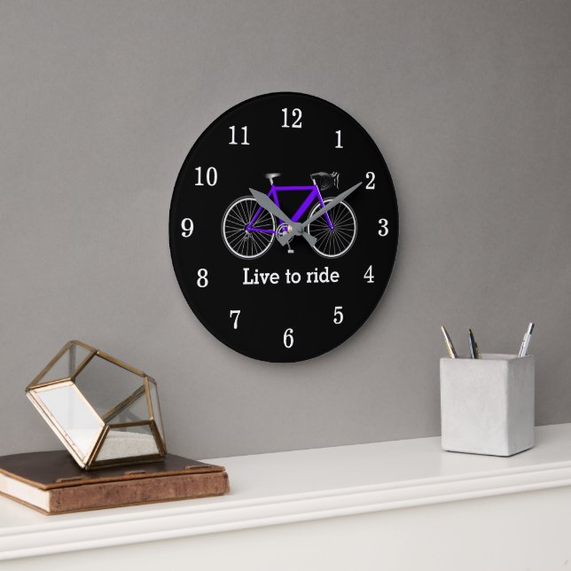Grande Horloge Ronde Citation Avec Vélo Violet Sur Noir (Bureau)