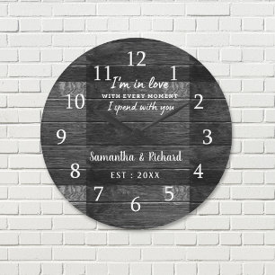 Grande Horloge Ronde Citation d'amour rustique en bois noir Mariage Ann