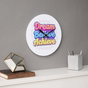 Grande Horloge Ronde Citation motivationnelle néon 'Rêver croire réussi