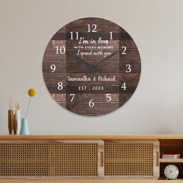 Grande Horloge Ronde Citation Rustic Wood Love Mariage Anniversaire (Rustic Wood Love Quote Wedding Anniversary Large Clock)