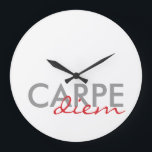 Grande Horloge Ronde Citations latines personnalisées grises et rouges<br><div class="desc">Gris et rouge texte personnalisé latines dit Carpe Diem horloges murales. Texte écrit design d'horloge murale, par red_dress, avec les mots gris et rouge latin "Carpe diem" contre un arrière - plan blanc. Customisez facilement les horloges murales Carpe Diem avec vos couleurs et polices préférées. Cliquez sur le bouton orange...</div>