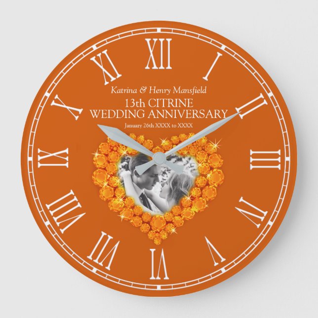 Grande Horloge Ronde Citrine coeur photo 13e anniversaire mariage (Recto)