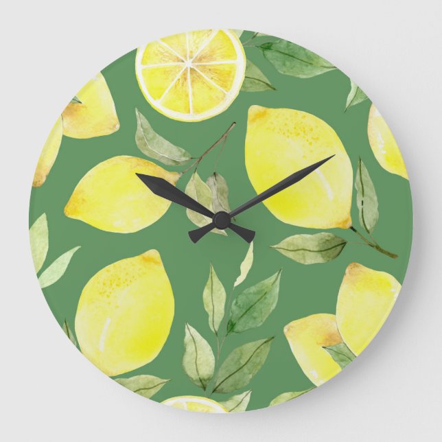 Grande Horloge Ronde citron aquarelle, motif de papier peint de fruits. (Recto)