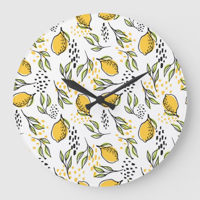 Grande Horloge Ronde Citron, branches vertes : motif abstrait. (Recto)