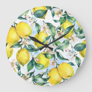 Grande Horloge Ronde citrons d'aquarelle, branche d'agrumes frais.