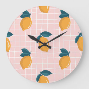Grande Horloge Ronde Citrons, géométrie rétro, motif sans couture d'été