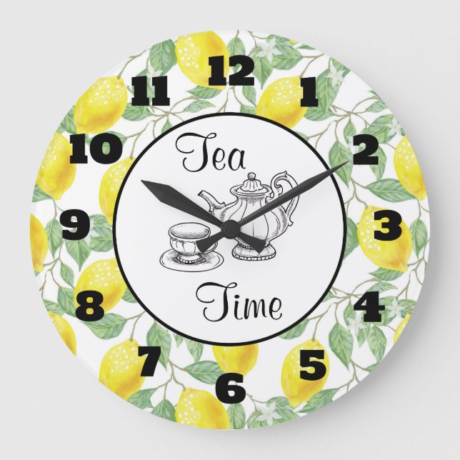 Grande Horloge Ronde Citrons jaunes avec thé Motif vert (Recto)
