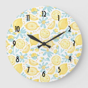 Grande Horloge Ronde Citrons jaunes et motif illustré par fleurs bleues