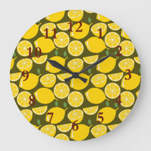 Grande Horloge Ronde Citrons jaunes et motif vert olive : Citrus modern