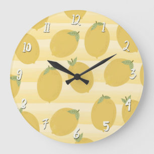 Grande Horloge Ronde Citrons Jaunes Été Fruit Aquarelle Amusant Clair