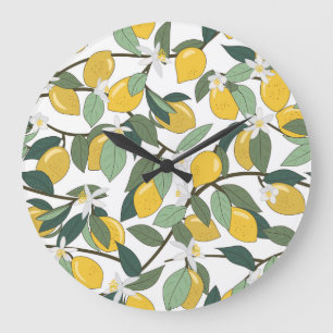 Grande Horloge Ronde Citrons Jaunes, Impression Tropicale Sans Fil.