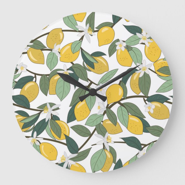 Grande Horloge Ronde Citrons Jaunes, Impression Tropicale Sans Fil. (Recto)