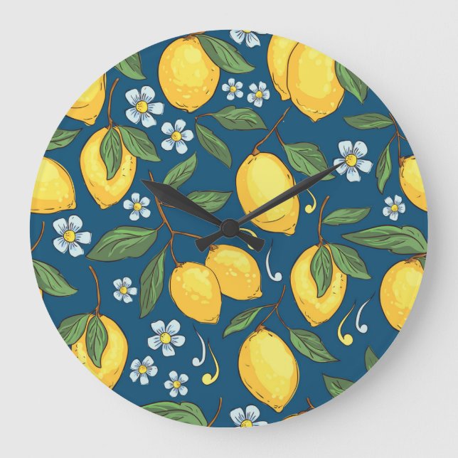 Grande Horloge Ronde Citrons jaunes : Motif de fruits tropicaux. (Recto)