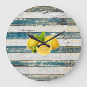 Grande Horloge Ronde Citrons rustiques (bleus)