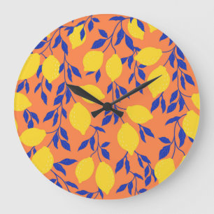 Grande Horloge Ronde Citrons stylisés Vintage Motif tropical