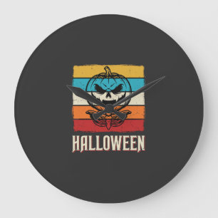 Grande Horloge Ronde Citrouille Crâne Halloween Rétro Vintage