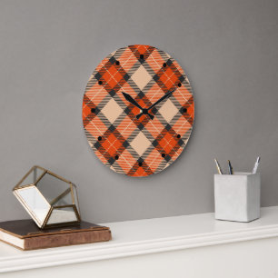 Grande Horloge Ronde Citrouille d'automne classique Orange Brown Tartan