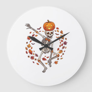 Grande Horloge Ronde Citrouille de crâne de squelette de danse d'Hallow