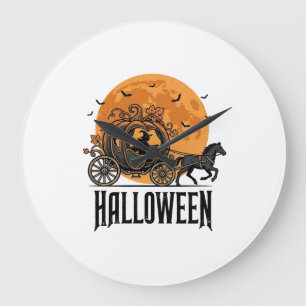 Grande Horloge Ronde Citrouille de Halloween vintage Chariot Sorcière C