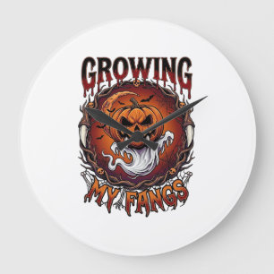 Grande Horloge Ronde Citrouille de vampire aux crocs croissants Chauves