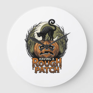 Grande Horloge Ronde Citrouille d'Halloween Chat Tache Brute Gravure Vi